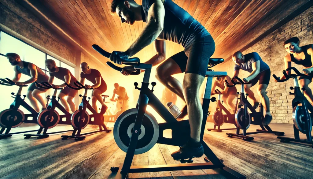 An intense scene of a person cycling in a spin class, highlighting stationary biking as a powerful aerobic workout for cardiovascular health.