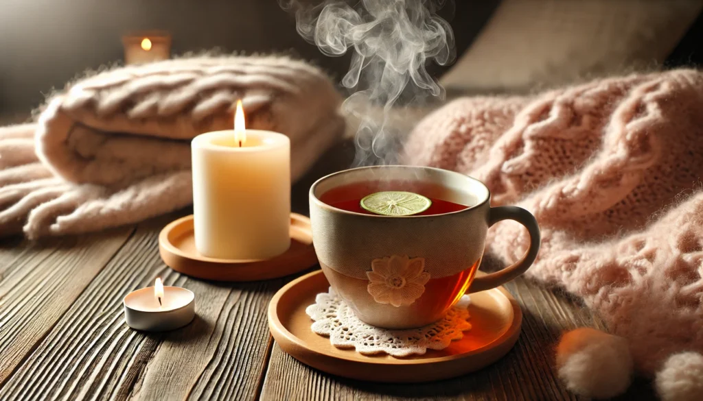 A calming cup of herbal tea on a wooden table beside a cozy blanket and a softly lit candle, with steam rising gently, creating a relaxing and stress-relieving ambiance.