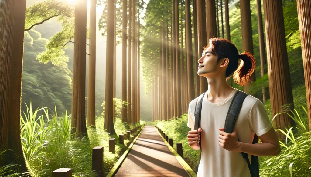 A person walking in nature along a peaceful forest path, surrounded by tall trees and soft sunlight, enjoying the fresh air for instant anxiety relief.