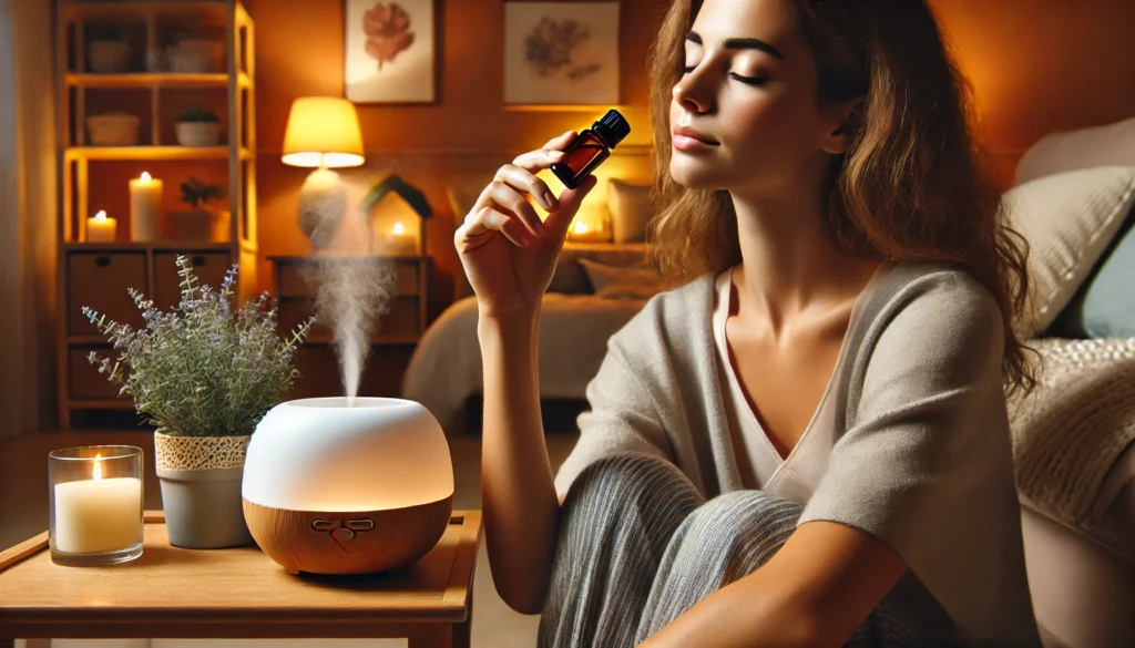 A person using aromatherapy for anxiety relief, holding a small essential oil bottle near their nose in a cozy home setting with a diffuser and warm ambient lighting.