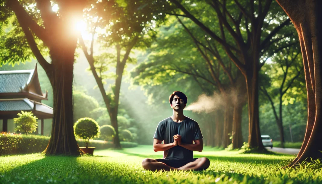 A person practicing deep breathing exercises in a lush green park, sitting cross-legged on the grass with eyes closed, surrounded by sunlight and a calming atmosphere.