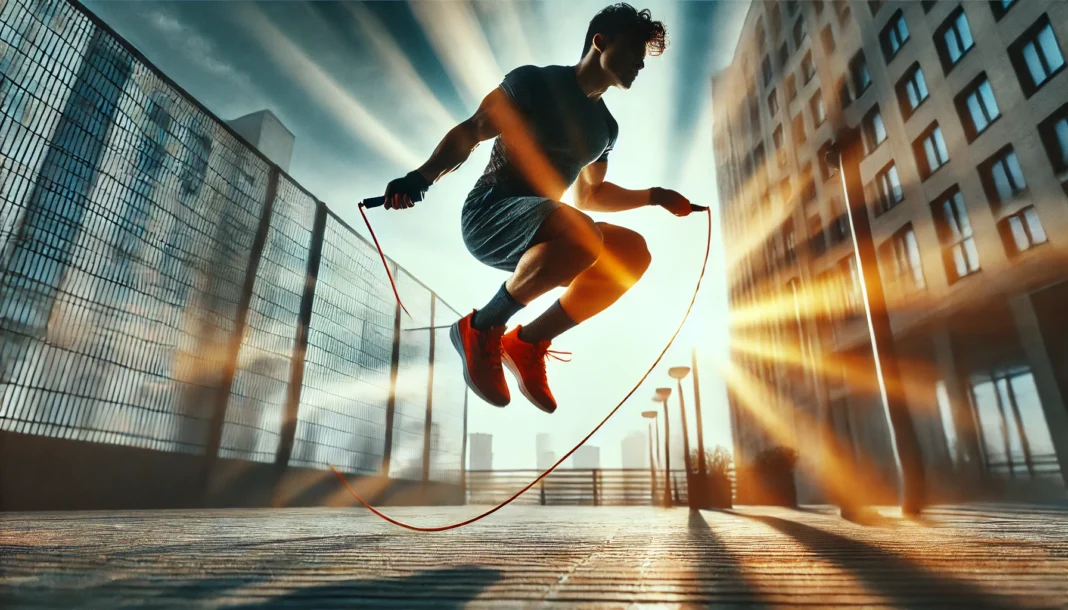 A high-energy image of a person mid-air during an intense jump rope session, highlighting agility and cardiovascular endurance.