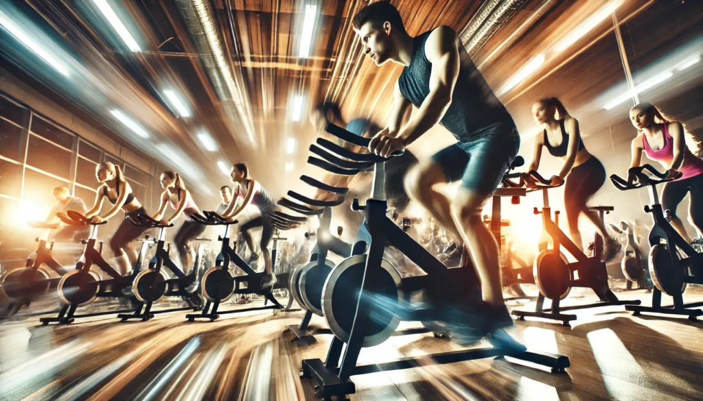 An energetic image of a group of people participating in a high-intensity cycling session, emphasizing spinning as a great alternative to running.