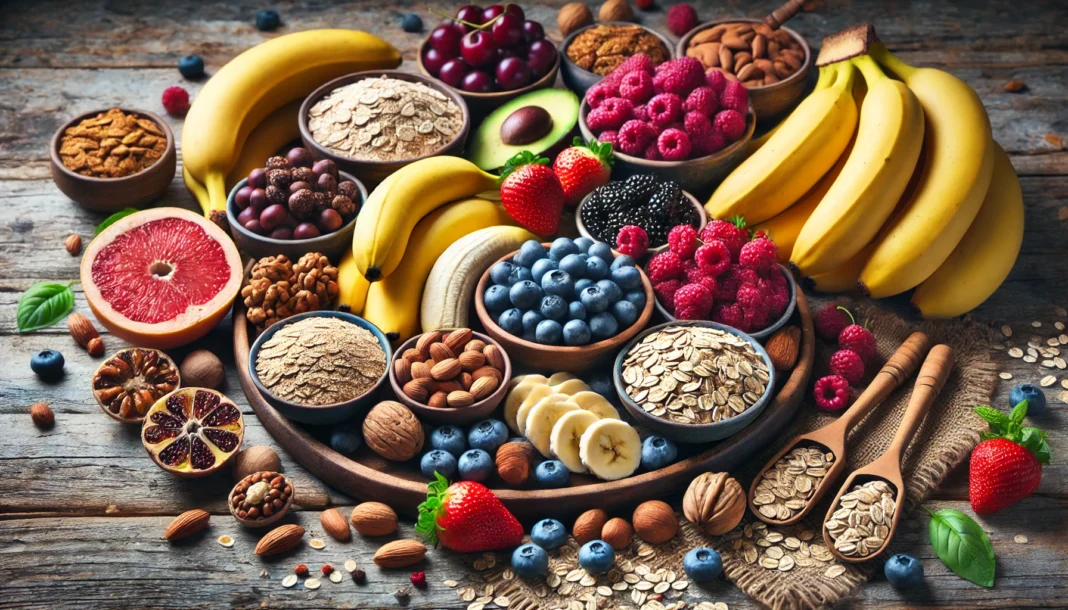 A vibrant display of bananas, oatmeal, nuts, and berries on a rustic wooden table, showcasing natural stamina-enhancing foods.