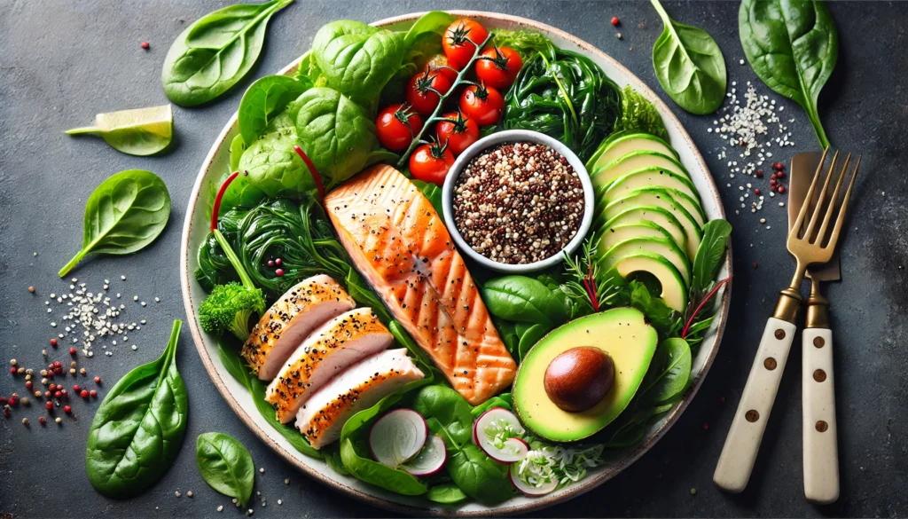 A beautifully arranged plate featuring grilled salmon, chicken breast, quinoa, leafy greens, and avocado, emphasizing a balanced diet for endurance.