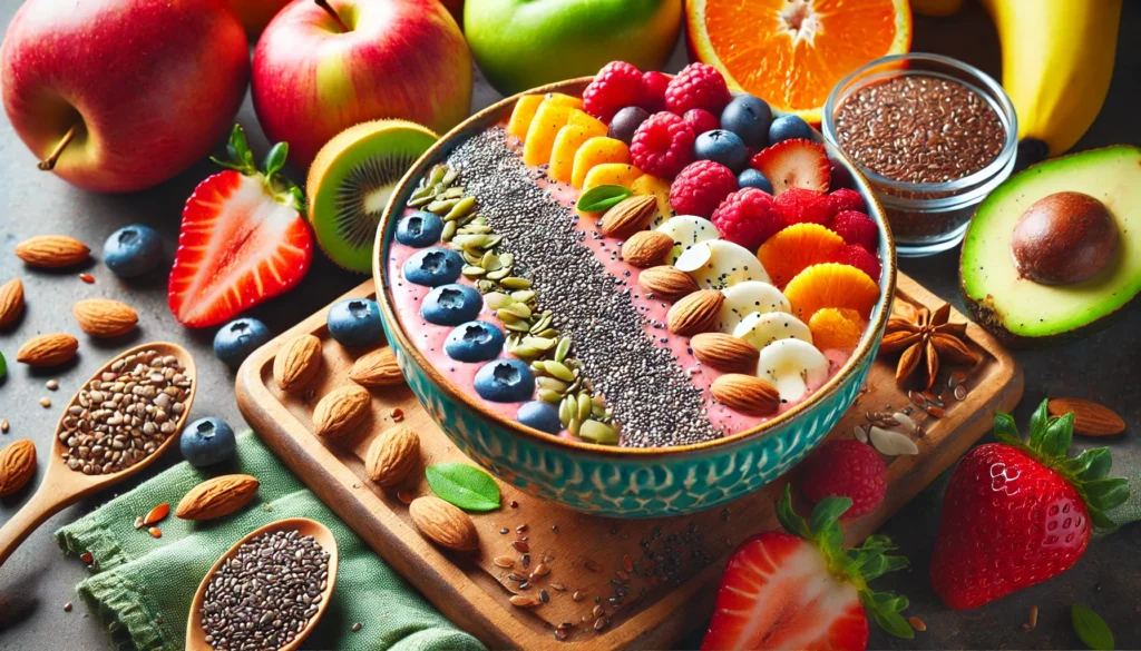 A colorful smoothie bowl topped with chia seeds, flaxseeds, sliced almonds, and fresh fruits, highlighting the role of superfoods in increasing stamina.