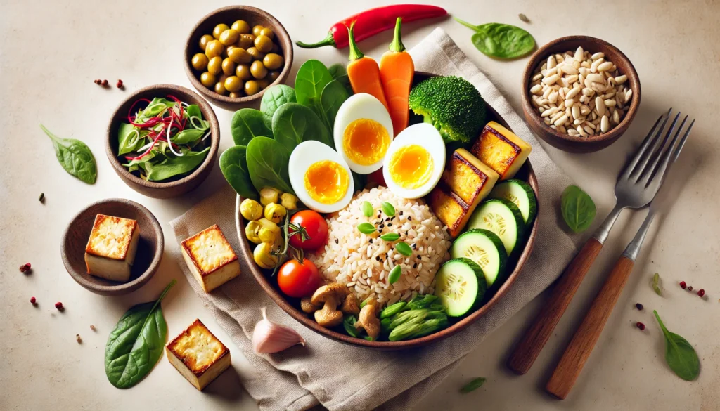 A wholesome dish of brown rice, steamed vegetables, grilled tofu, and boiled eggs, representing a perfect mix of complex carbs, proteins, and healthy fats for sustained energy.