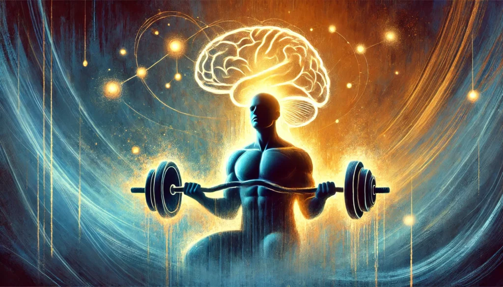 A person lifting weights with a soft glowing aura, symbolizing stress relief, improved well-being, and the benefits of strength training for reducing cortisol and enhancing hormonal health.