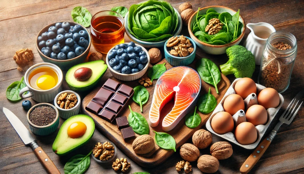 A vibrant assortment of brain-boosting foods, including salmon, avocado, blueberries, walnuts, dark chocolate, spinach, eggs, and green tea, arranged on a wooden kitchen counter for energy and focus.