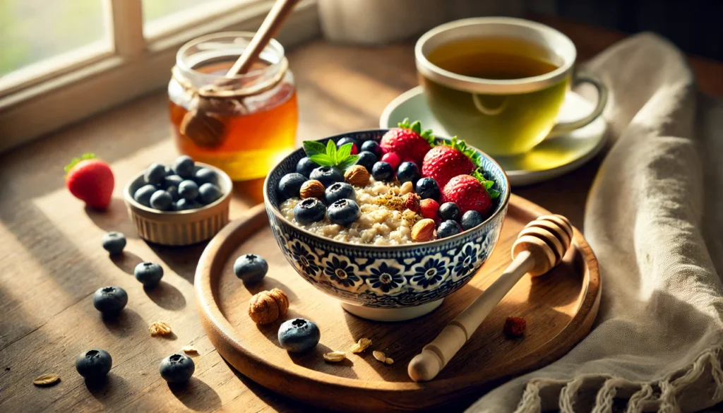 A healthy and energizing breakfast featuring oatmeal topped with fresh berries, nuts, and honey, alongside a cup of green tea, placed near a sunlit window to promote mental clarity.