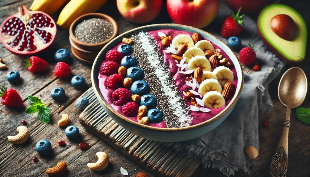 A nutrient-packed smoothie bowl with blended berries, banana, and yogurt, topped with chia seeds, nuts, and coconut flakes, set on a rustic wooden table with fresh fruits for energy and concentration.