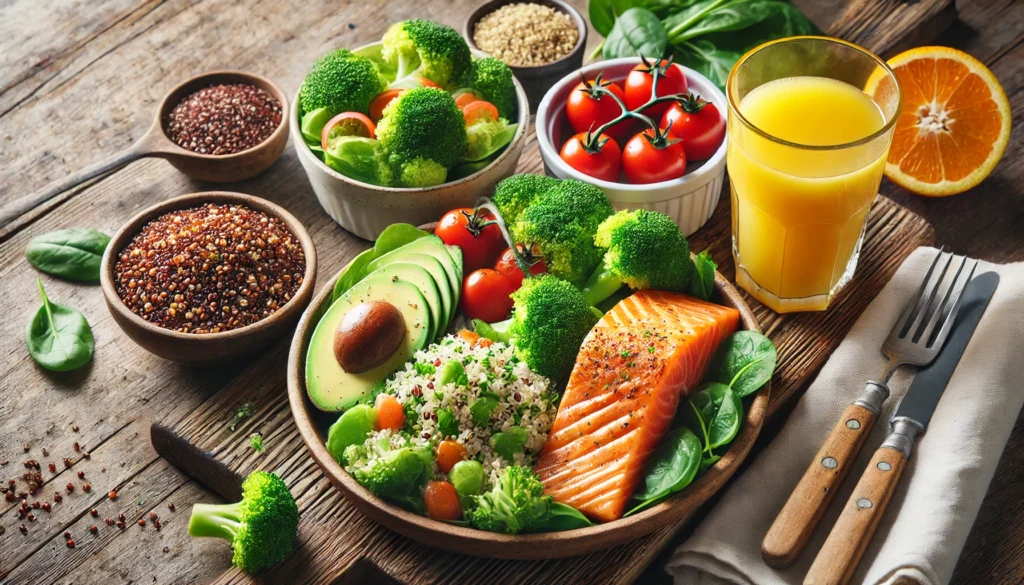 A wholesome lunch spread with grilled salmon, quinoa salad, avocado, cherry tomatoes, steamed broccoli, and fresh orange juice, arranged on a wooden table with natural light to support cognitive function.