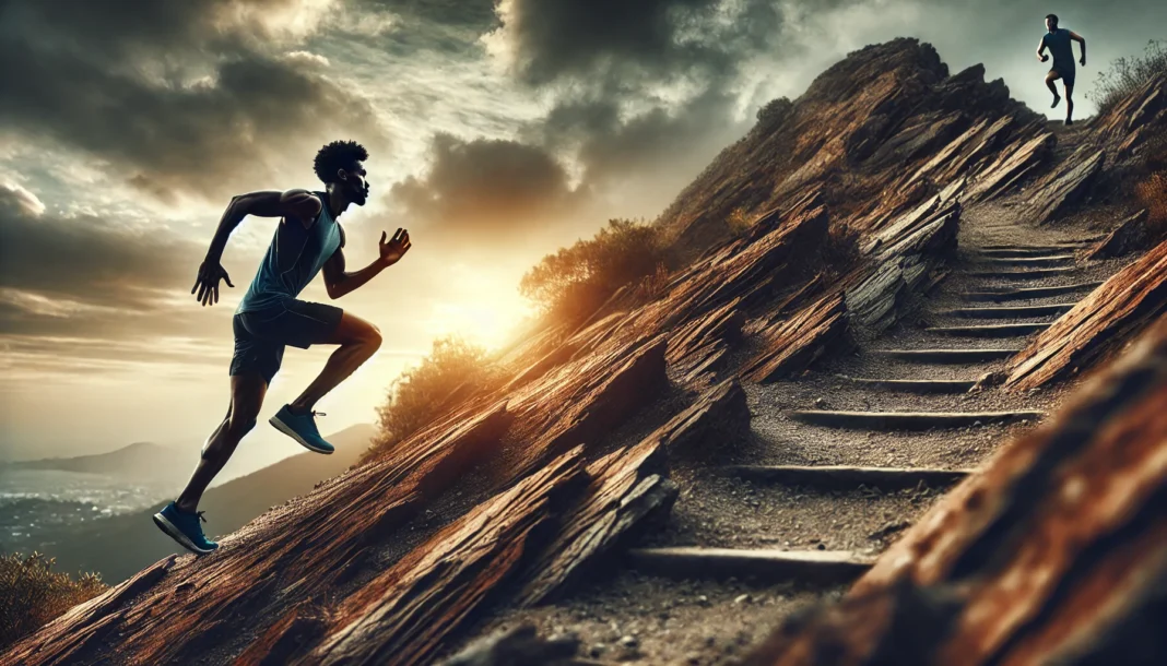 A determined runner sprinting uphill on a rugged trail, emphasizing the benefits of hill training for increasing stamina.