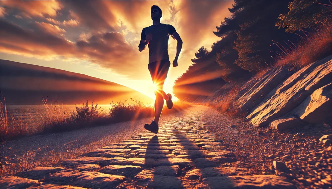 A dynamic image of a person running on a scenic outdoor trail at sunrise, showcasing running as an effective cardio exercise.