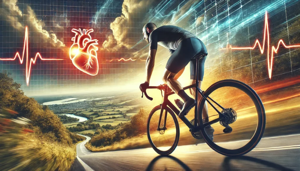 A high-energy scene of a person cycling through a picturesque countryside, demonstrating cycling's impact on cardiovascular fitness.