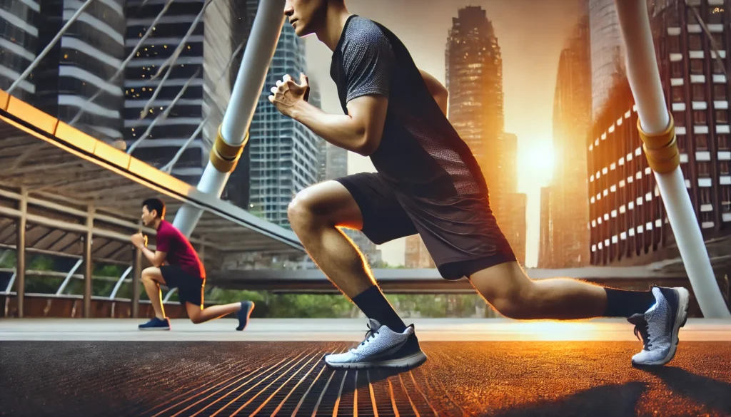 A runner in a gym performing lunges and squats, highlighting strength exercises to build endurance and improve running performance.