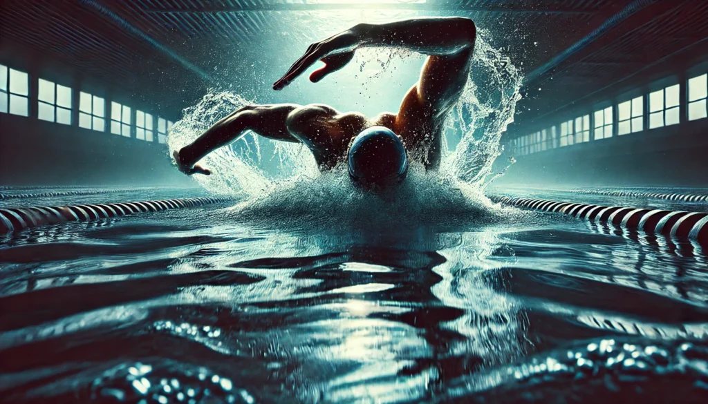 An intense image of a swimmer performing freestyle strokes in an Olympic-sized pool, highlighting swimming as a full-body workout for heart and lung health.