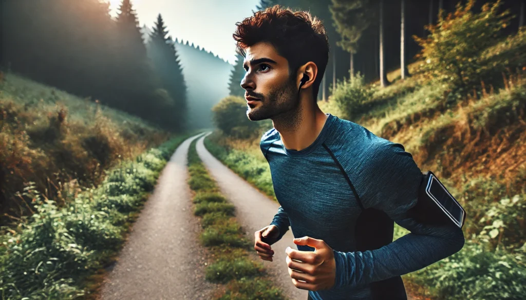 A focused runner practicing controlled breathing while jogging on a scenic trail, demonstrating techniques to enhance lung capacity and stamina.