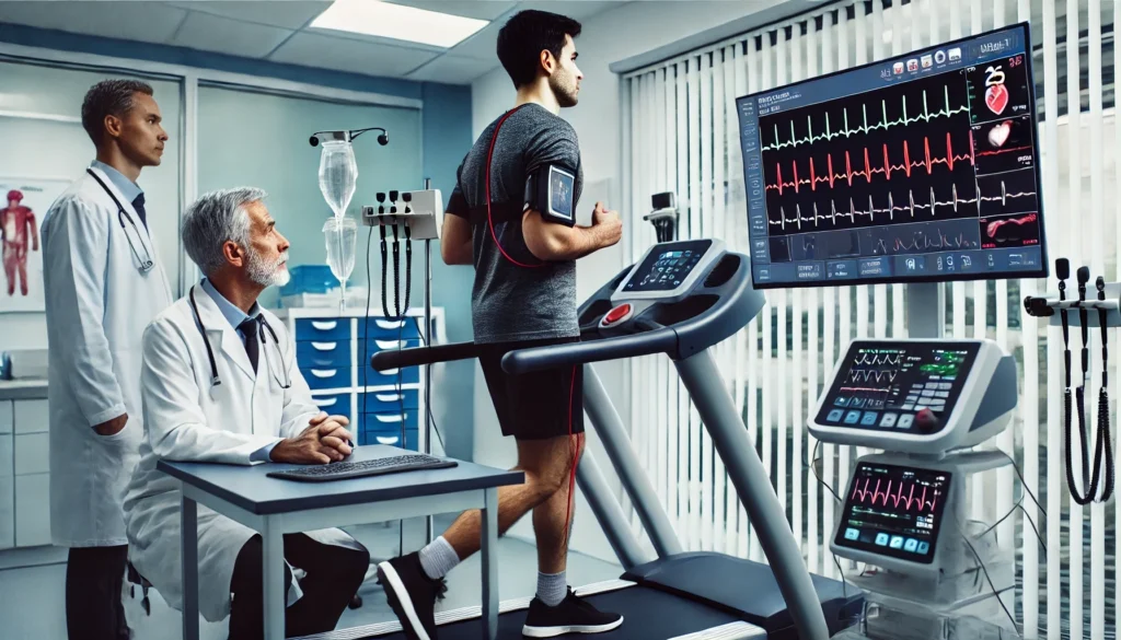 A patient undergoing a cardiac stress test on a treadmill, connected to heart monitoring equipment. A medical professional observes the readings on a monitor in a well-lit clinical setting.