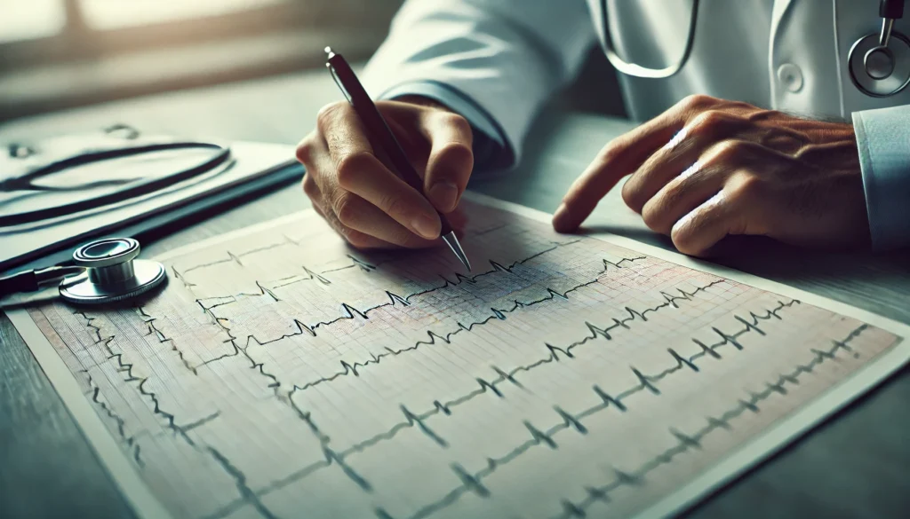 A cardiologist examining an electrocardiogram (ECG) printout, carefully analyzing heart rhythms. The ECG paper with waveforms is spread on a desk, with the doctor's hand pointing at a specific irregularity.