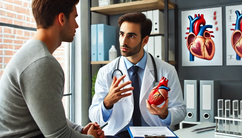 A cardiologist discussing heart disease treatment options with a patient in a modern medical office. The doctor uses hand gestures while explaining, with medical equipment and a heart model in the background.