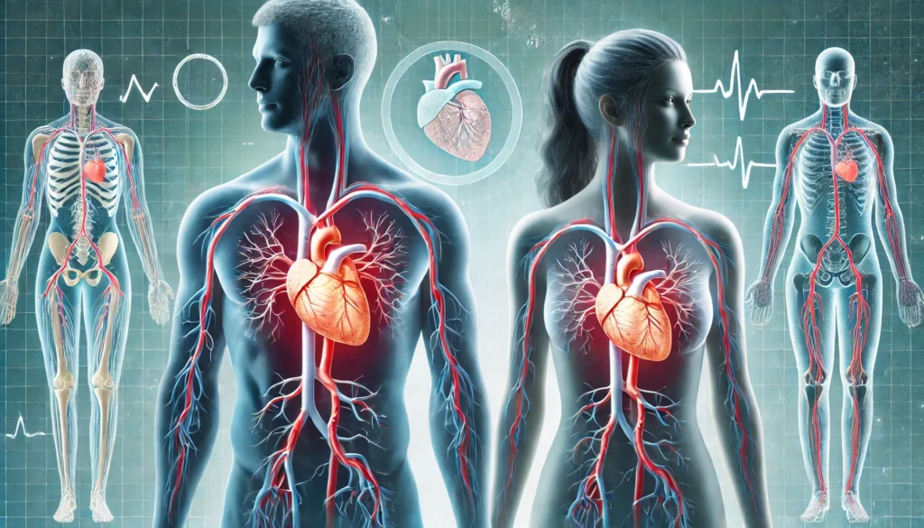 A digital overlay of a male and female silhouette with highlighted cardiovascular systems. The man's arteries appear more visibly blocked, while the woman's heart shows subtler signs of distress, representing differences in how heart disease develops in men and women. The background is a subtle medical blue tone.