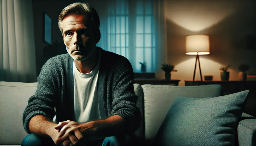 A middle-aged man sitting alone on a couch in a dimly lit living room, staring into the distance with a blank expression, representing loneliness and emotional struggles in male depression.