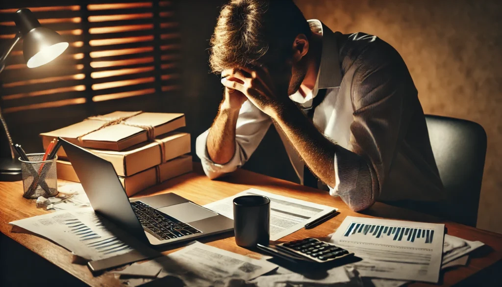 A stressed man sitting at a work desk cluttered with papers and a laptop, holding his head in his hands, conveying work-related stress, financial strain, and emotional exhaustion as risk factors for male depression.