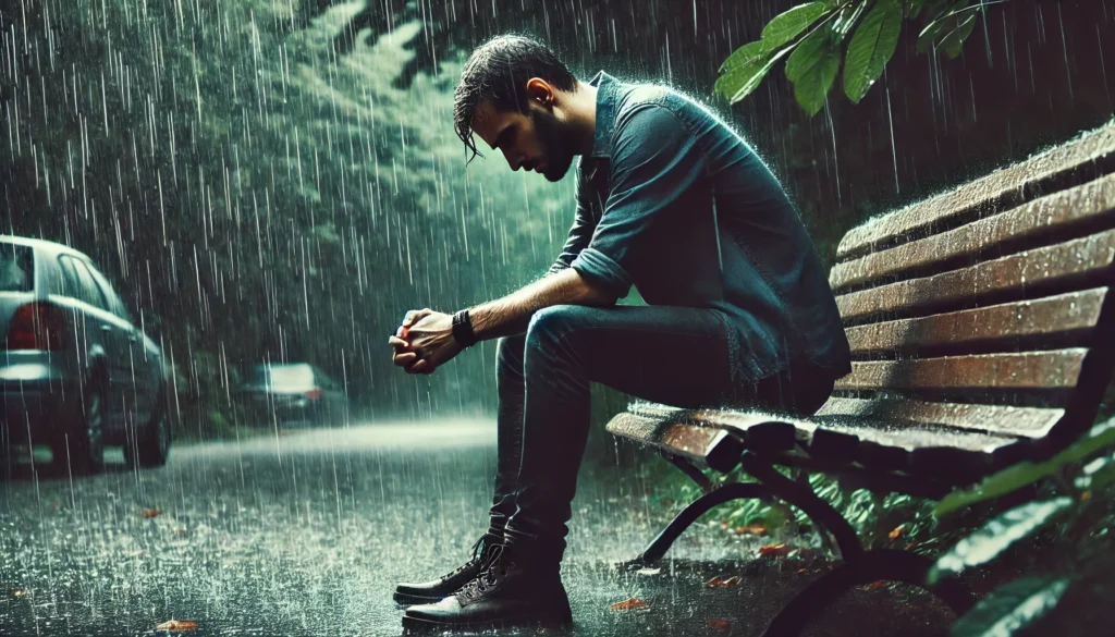 A man sitting on a park bench in the rain, looking down with a somber expression, with wet and gloomy surroundings emphasizing feelings of sadness, grief, and emotional distress in male depression.