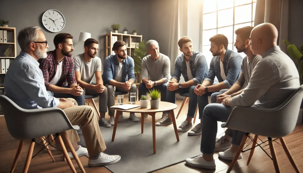 A group therapy session with men sitting in a circle, engaging in a discussion with supportive expressions, representing emotional support, coping strategies, and seeking help for male depression.