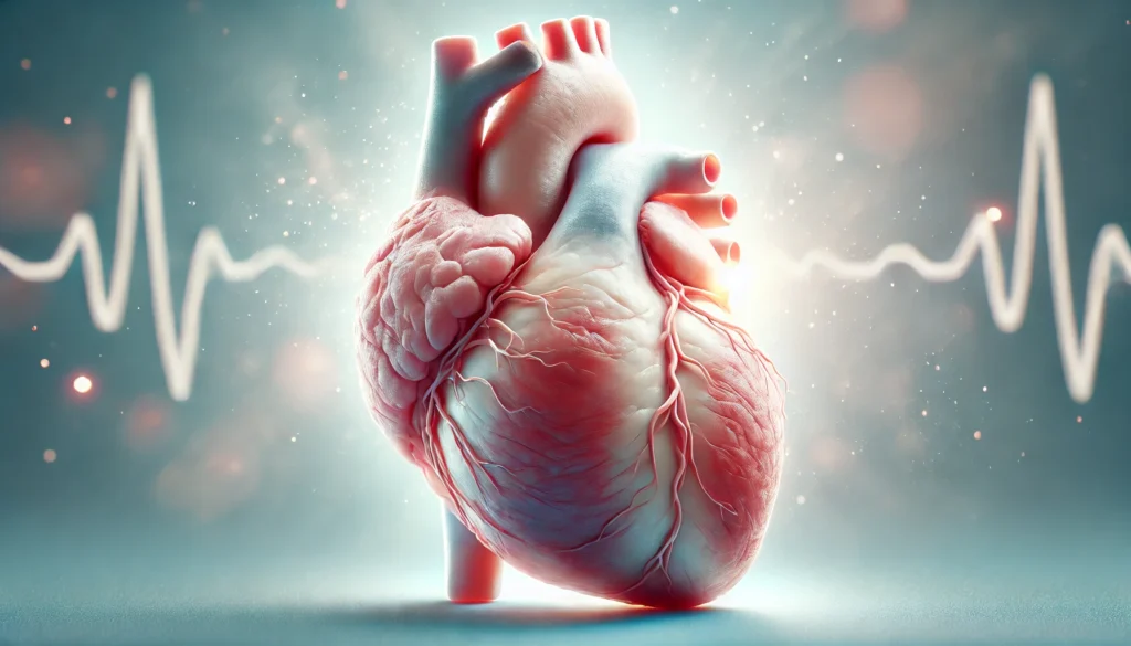 A digital medical rendering of a weak and enlarged heart, depicting congestive heart failure with visible fluid retention and weakened muscle structure.