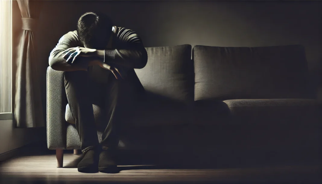 A somber image of a man sitting alone on a couch in a dimly lit room, his head resting in his hands, symbolizing feelings of sadness, exhaustion, and isolation.