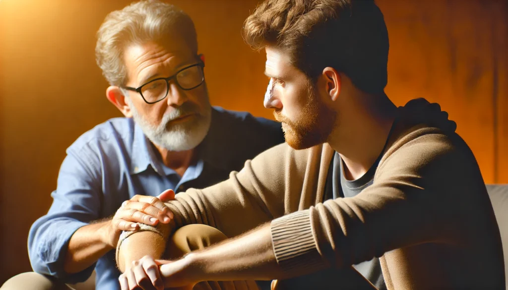 A heartfelt scene of a friend or family member sitting beside a depressed man, offering comfort and warmth, illustrating the importance of emotional support.