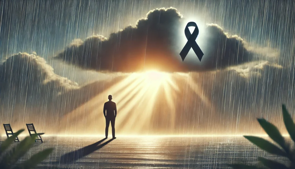 A symbolic image of a man standing in the rain, looking up as sunlight breaks through the clouds, representing hope and overcoming depression.