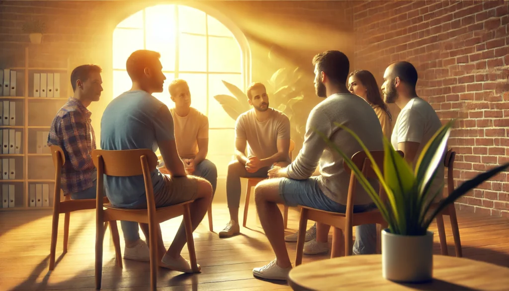 A peaceful depiction of a group of men in a support group, engaged in conversation, emphasizing the importance of open discussions and seeking help.