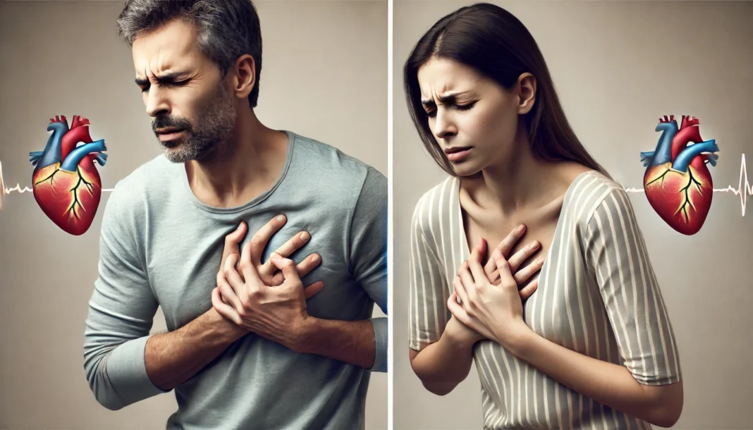 A split-screen composition shows a man and a woman experiencing chest pain. On the left, a middle-aged man clutches his chest with a pained expression. On the right, a woman holds her chest with discomfort, emphasizing differences in how heart disease symptoms manifest in men and women. The neutral background keeps focus on the individuals.