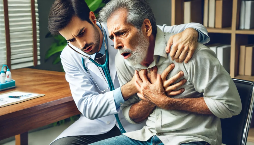 A male doctor urgently attending to a man in his 60s experiencing a heart attack. The patient is seated, clutching his chest while the doctor checks his pulse in a medical clinic setting.