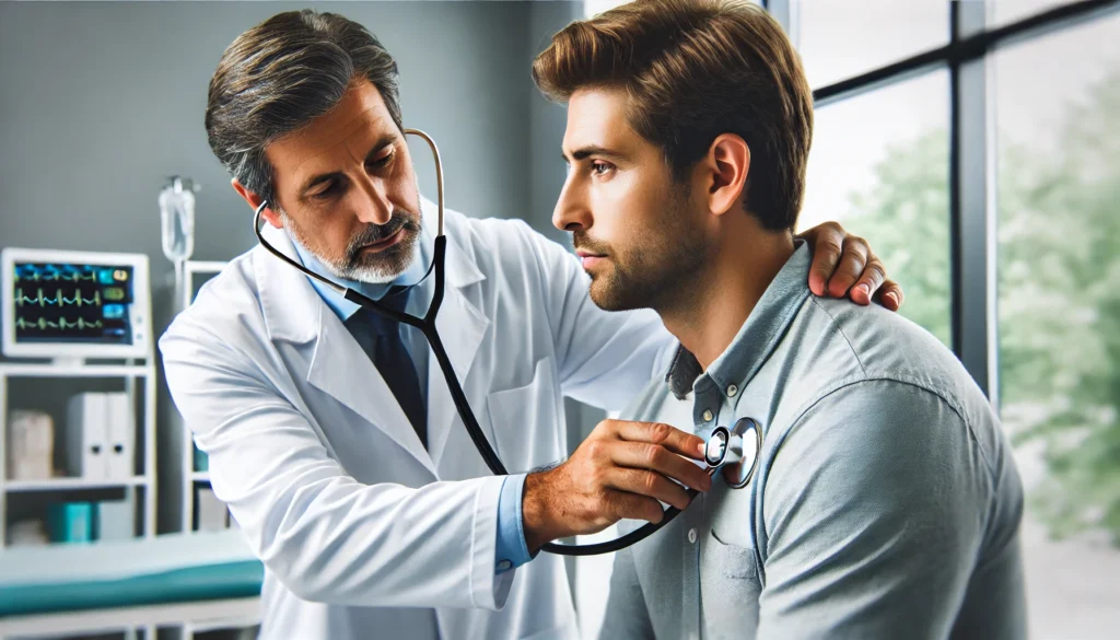 A male doctor using a stethoscope to check a middle-aged man's heartbeat in a medical office. The patient looks calm and attentive, while the doctor focuses on the examination in a professional clinical setting.