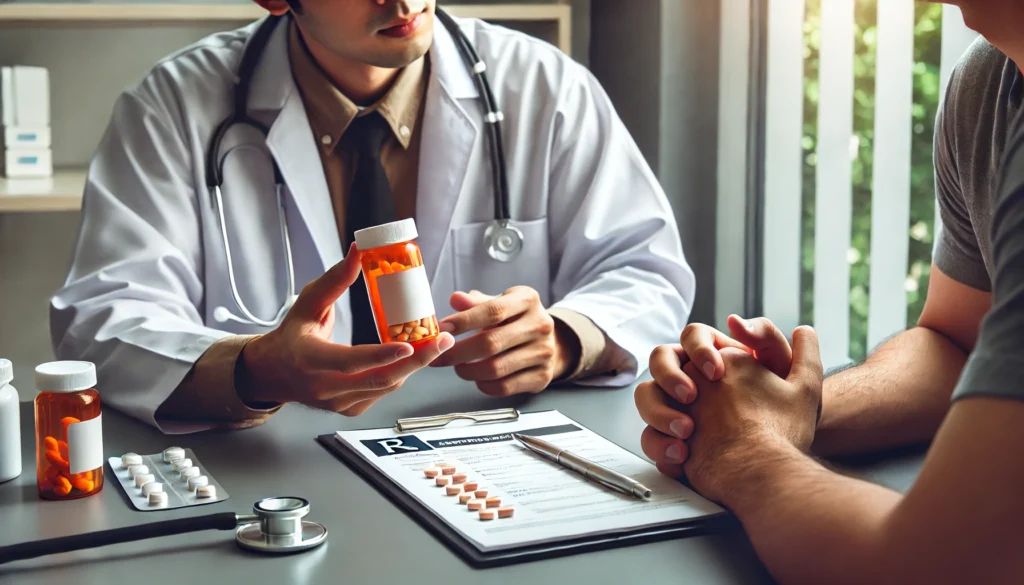 A doctor holding a prescription bottle, explaining heart disease medication options to a patient. The consultation takes place in a medical office, with a stethoscope and clipboard on the table.