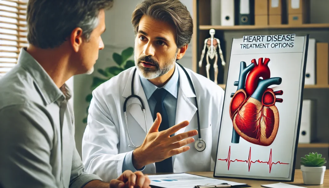 A doctor in a medical clinic explaining heart disease treatment options to a middle-aged male patient. The doctor gestures toward a medical chart with an anatomical heart illustration while the patient listens attentively.