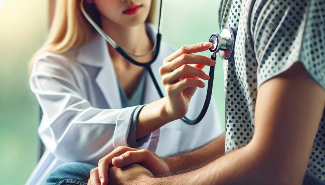 A close-up of a doctor using a stethoscope to listen to a patient's heartbeat. The patient, wearing a hospital gown, sits calmly while the doctor carefully checks for any irregularities.