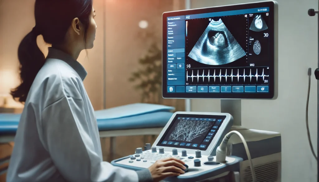 A high-tech echocardiogram scan displaying a real-time image of a heart on a medical monitor. A healthcare professional adjusts the settings while analyzing the results in a modern medical examination room.