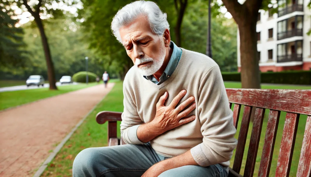 An elderly man in his 60s sitting on a park bench, resting his hand on his chest while looking fatigued. His facial expression conveys mild discomfort, possibly indicating heart-related concerns, with a peaceful park in the background.