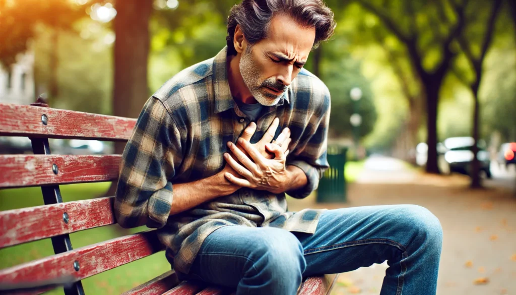 A man in his late 50s sitting on a park bench, clutching his chest with a pained expression, possibly experiencing a heart attack. The background features trees and a slightly blurred park setting.