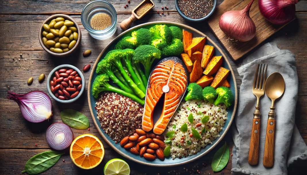 A beautifully arranged plate featuring grilled salmon, quinoa, roasted sweet potatoes, and steamed broccoli, highlighting the combination of lean proteins, complex carbs, and healthy fats for endurance.