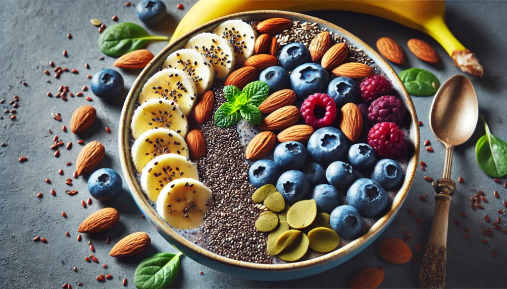 A nutrient-rich smoothie bowl topped with chia seeds, flaxseeds, almonds, blueberries, and banana slices, showcasing superfoods essential for sustained energy and recovery.