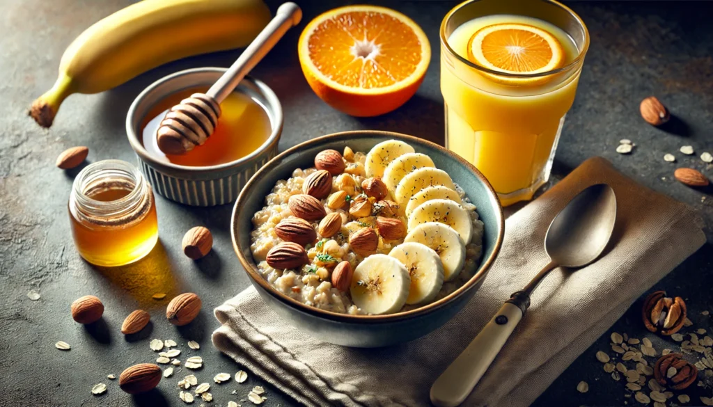 A high-energy meal of oatmeal topped with sliced bananas, nuts, and honey, served with fresh orange juice, emphasizing the importance of complex carbohydrates before training.