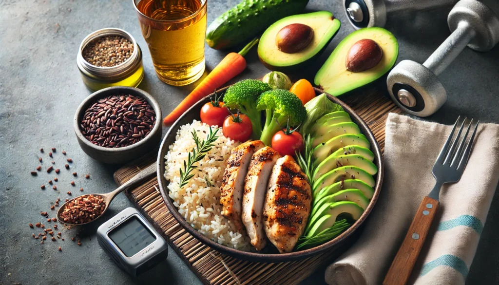 A well-balanced dish featuring grilled chicken, brown rice, avocado, and steamed vegetables, representing the essential nutrients needed for muscle recovery and endurance.