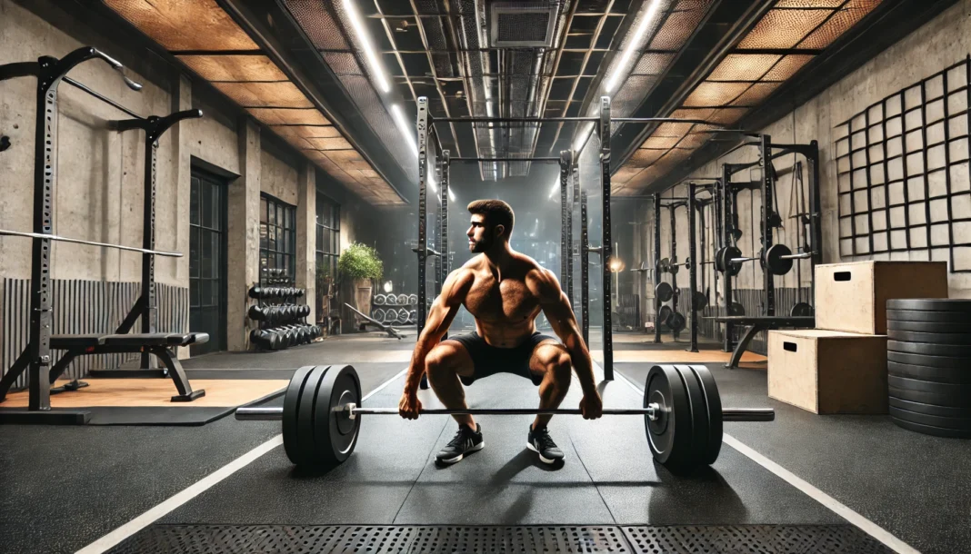 A powerful athlete executing a barbell clean and press in an industrial-style home gym with rubber flooring, showcasing explosive strength and complex movement.