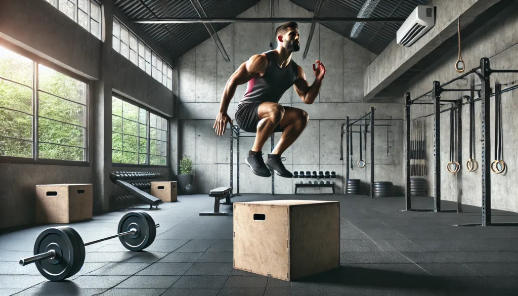 A strong man performing plyometric box jumps in a modern home gym with concrete walls and minimal lighting, emphasizing advanced athletic training and lower-body power.